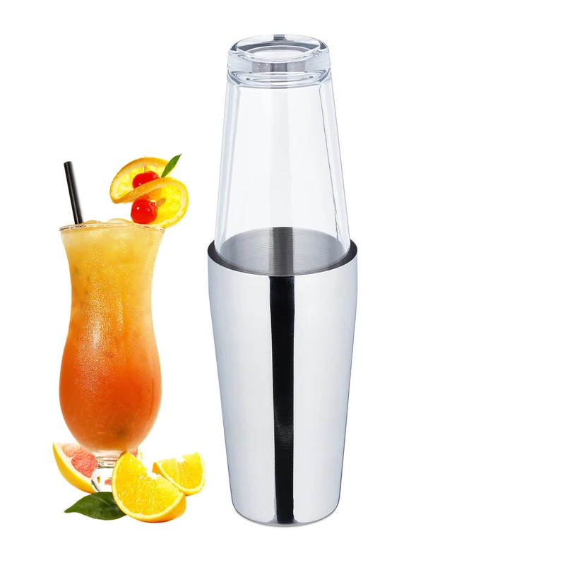 Relaxdays Cocktail Shaker. Boston Style, 2 Part Set, Glass and Stainless Steel Mixer, 400 & 600 ml, Silver/Transparent