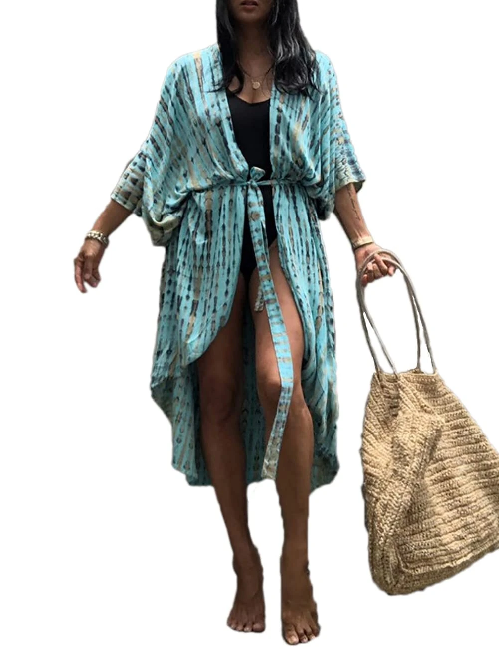 Bsubseach Women Tie Dye Long Beach Swimsuit Cover Ups for Swimwear Sexy Bikini Beach Kimono Cardigan Light Blue