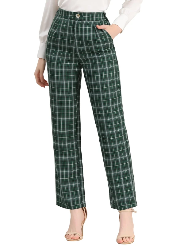 Allegra K Women's Plaid Pants Elastic Waist Casual Work Office Long Trousers, Green Black White, S