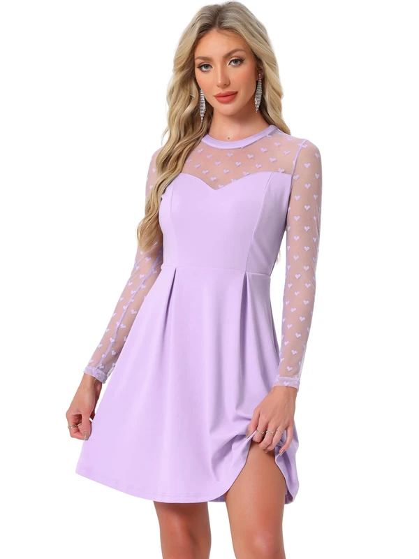 Allegra K Women's Heart Polka Dots Mesh Sheer Skater Party A-Line Short Dress, Light Purple, M