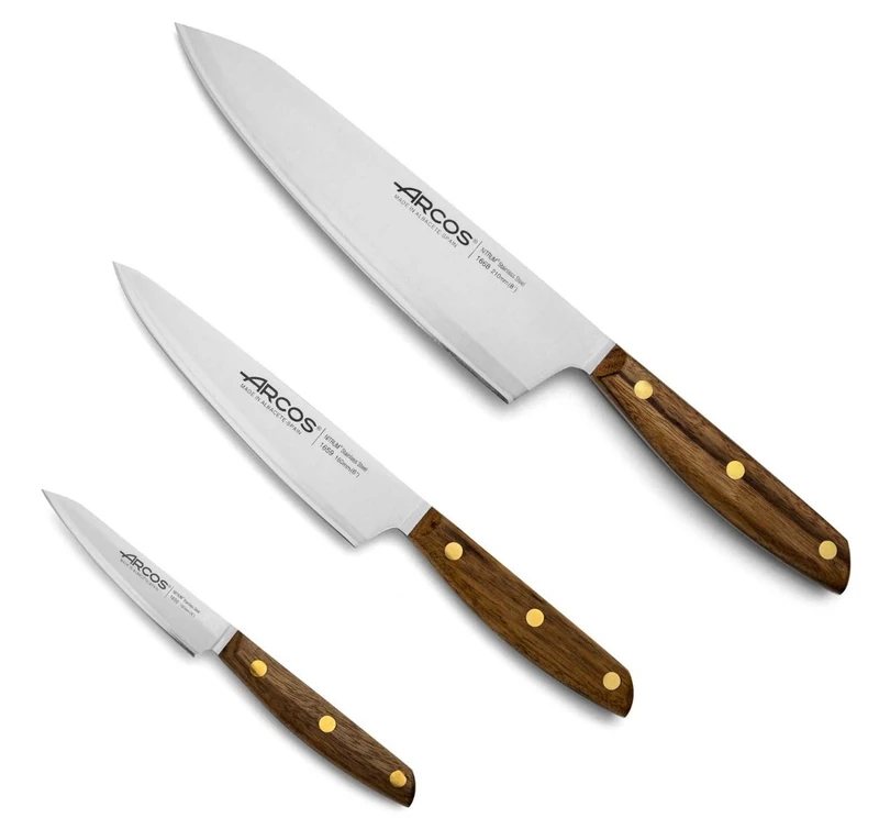 Arcos Knife Set 3 Pieces Nitrum Stainless Steel and mm Blade,Professional Kitchen Knife for Cooking, 417, Ergonomic Polyoxymethylene POM Handle, Series Nordika, High Precision Cut, Color Brown