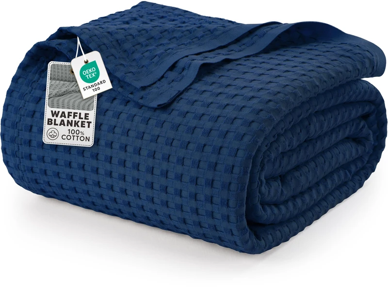 Utopia Bedding Cotton Waffle Blanket 300 GSM (Navy - 228x228 cm) Soft Lightweight Breathable Bed Blanket Big Size Layering Any Bed for All Season