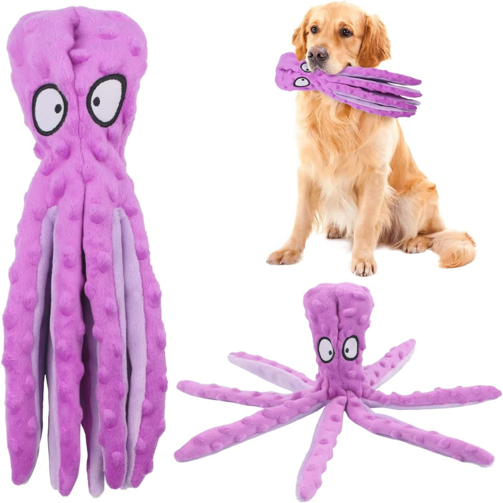 Octopus Dog Toys, No Stuffing Squeaky Dog Toys Interactive Octopus Dog Chew Toys with Crinkle Paper for Small Medium Dogs Playing and Training (Purple)