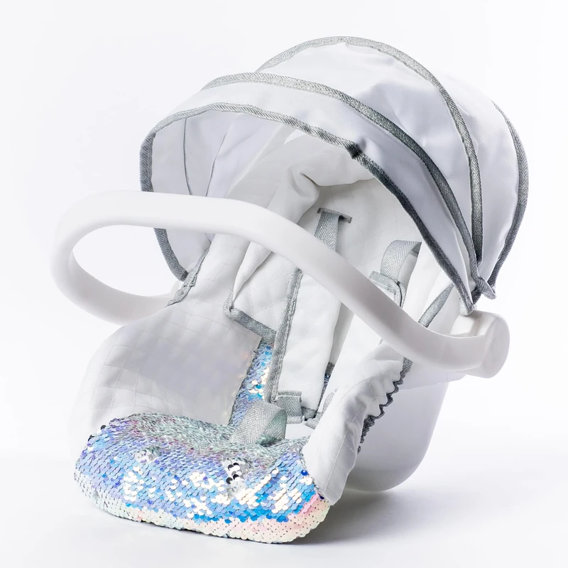 Roma Polly Dolls Car Seat - Luxurious Quilted Design, Sequin Detailing, Extendable Canopy, Head Hugger, 3-Point Safety Harness, Dolls Up to 42cm