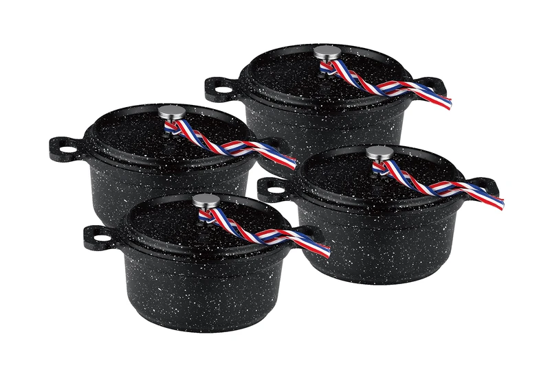 Kamberg – 0008199 – Set of 4 Mini Saucepans with 12 cm Diameter Round Black – Cast Aluminium – Stone Effect Coating – Suitable for All Hobs Including Induction – PFOA-Free