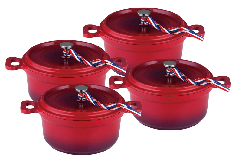 Kamberg - 0008192 Set of 4 Mini Casserole Dishes Diameter 12 cm Round Flame Red Cast Aluminium Stone Coating for All Heat Sources Including Induction PFOA Free