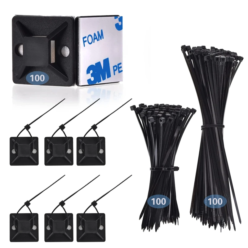 200 Pcs Cable Ties Black 100 Pcs Self Adhesive Wire Tie Mount Base Holders， Cable Clips with Strong Self Adhesive Pads ，Cable Management Set for Home OfficeWarehouse, (cable tie with base-001)