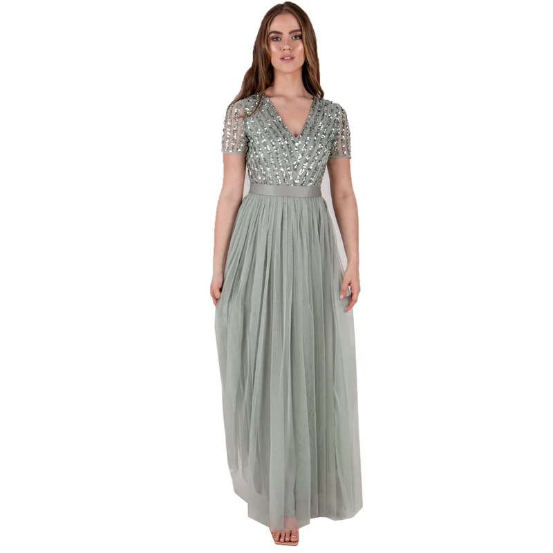Maya Deluxe Women's Maxi Dress Ladies Bridesmaid V-Neck Ball Gown Short Sleeves Long Elegant Empire Waist Wedding, Green Lily, 18