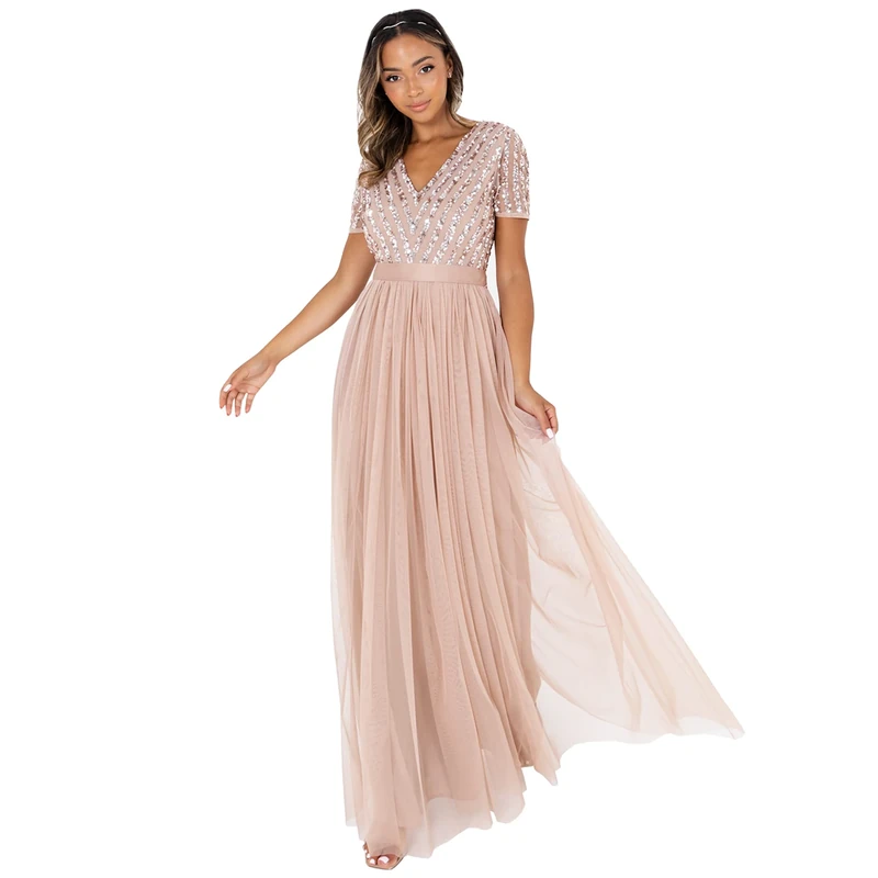 Maya Deluxe Women's Maxi Dress Ladies Bridesmaid V-Neck Ball Gown Short Sleeves Long Elegant Empire Waist Wedding, Taupe Blush, 14