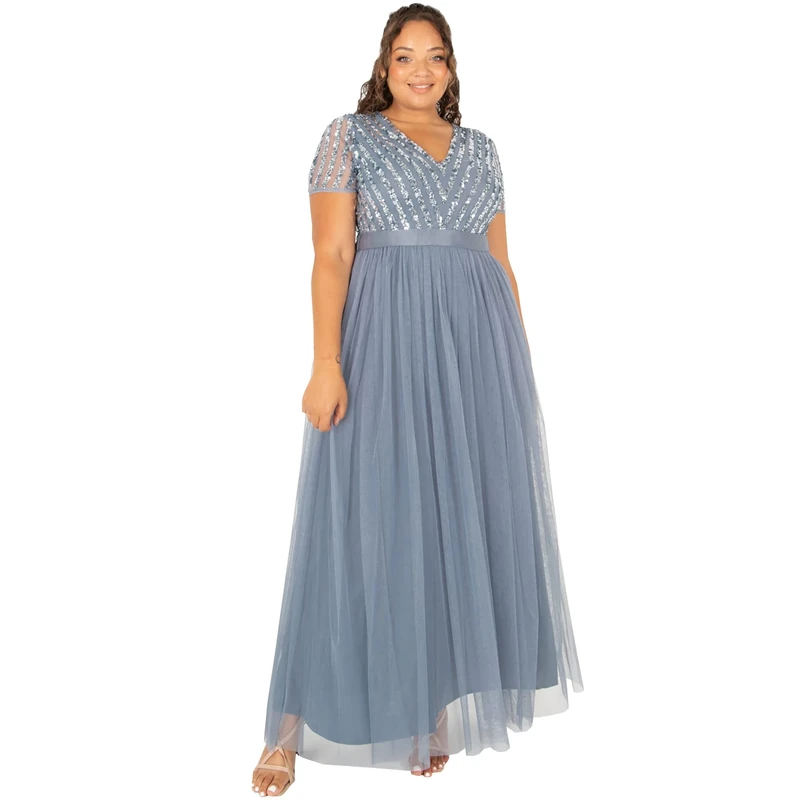 Maya Deluxe Women's Maxi Dress Ladies Bridesmaid V-Neck Ball Gown Short Sleeves Long Elegant Empire Waist Wedding, Dusty Blue, 28