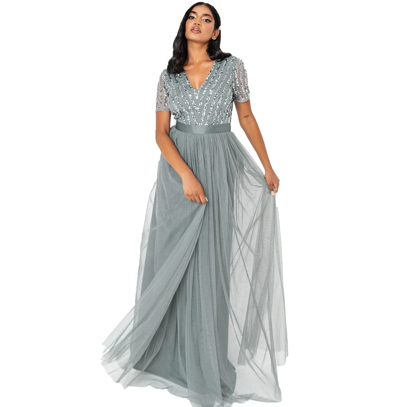 Maya Deluxe Women's Maxi Dress Ladies Bridesmaid V-Neck Ball Gown Short Sleeves Long Elegant Empire Waist Wedding, Misty Green, 26