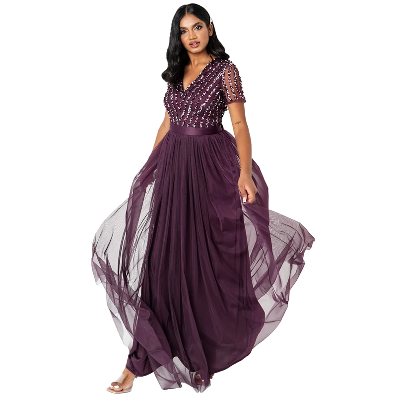Maya Deluxe Women's Maxi Dress Ladies Bridesmaid V-Neck Ball Gown Short Sleeves Long Elegant Empire Waist Wedding, Berry, 6