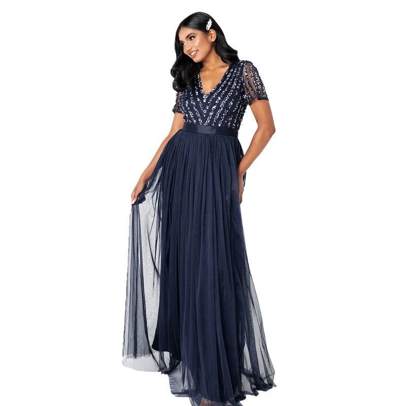 Maya Deluxe Women's Maxi Dress Ladies Bridesmaid V-Neck Ball Gown Short Sleeves Long Elegant Empire Waist Wedding, Navy, 16