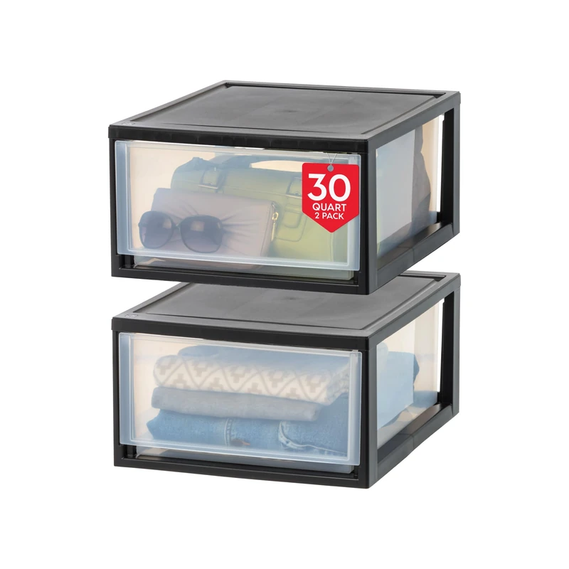 IRIS USA 2 Pack 29.5Qt Plastic Stackable Storage Drawers, Black