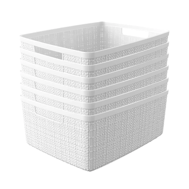Curver Jute Decorative Plastic Organization and Storage Basket Perfect Bins for Home Office, Closet Shelves, Kitchen Pantry and All Bedroom Essentials, (Set of 6)
