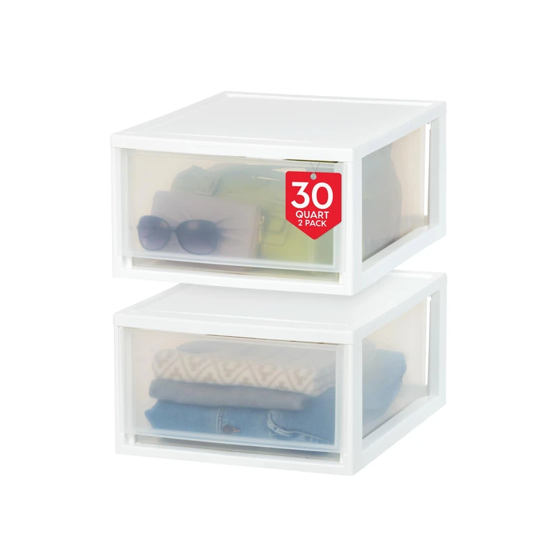 IRIS USA 30 Qt. Plastic Drawer Storage Organizer Stacking Drawers, 2-Pack, Stackable Unit with Sliding Drawer for Clothes Bedroom Kitchen Under Sink Pantry Craft Room Bathroom Dorm Office, White