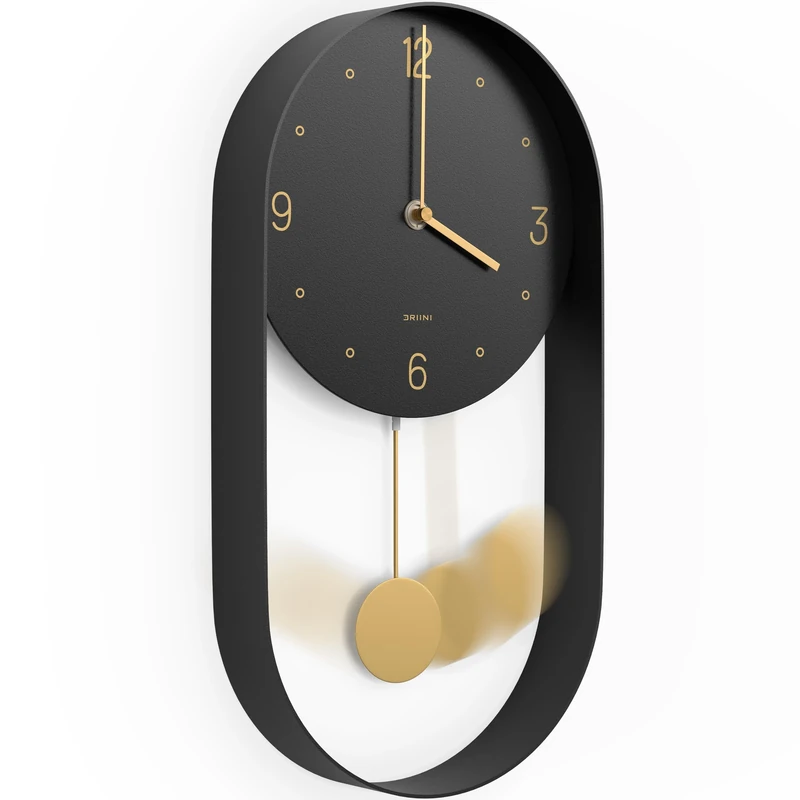 Driini Modern Pendulum Wall Clock - Decorative and Unique Metal Frame, with 8 Inch Face - Contemporary, Minimalist Design, with Silent Battery Operation - Includes Both Black and Gold Pendelum