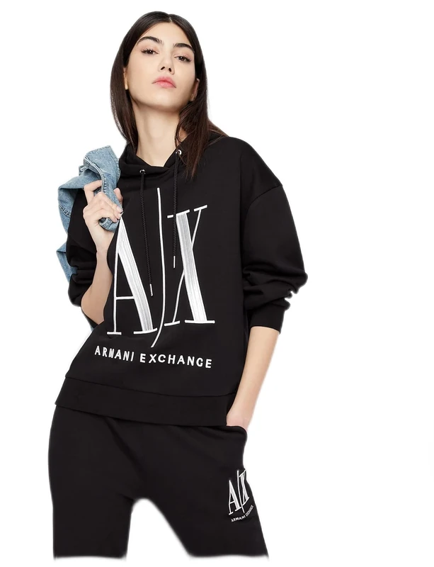 Armani Exchange Women's Icon Project Hoodie, Embroidered Logo Hooded Sweatshirt, Black, XS