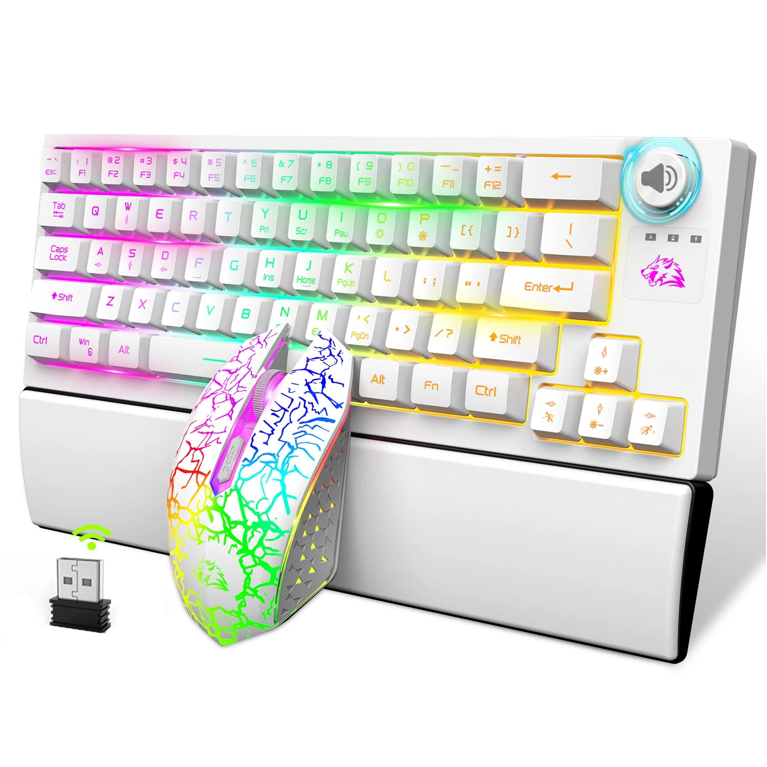 Gaming Keyboard & Mouse, Wrist rest, RGB Backlit Keys, Rchargeable 2.4G Wireless Keyboards and Mice, Dedicated Multi-Media Keys, 6 button mouse, Mechanical Feel,for Computer/Laptop/Tablet/Mac/PC-White