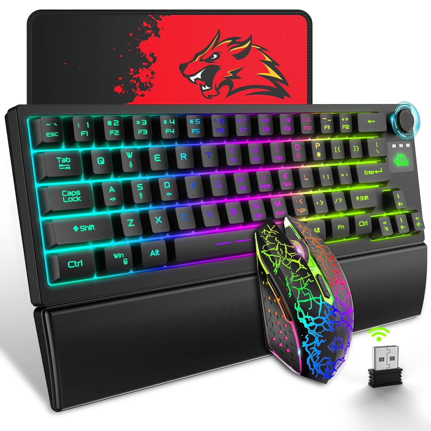 2.4G Wireless Keyboard and Mouse, Wrist rest, RGB Chroma Dynamic Backlit, Rechargeable 60% Compact Gaming Keyboard & Mouse,Spill-Resistant, Adjustable Lighting & Mouse DPI,for Game Work Learning-Black