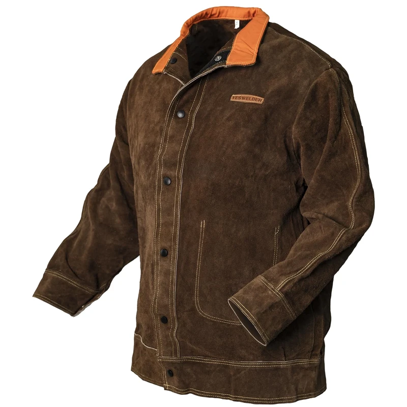 YESWELDER Leather Welding Jacket for Men Women，Heavy Duty welder jacket，Heat Flame Resistant Welding Coat, Bbrown, S