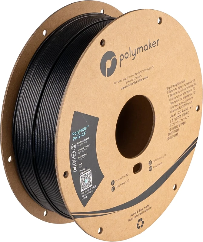 Polymaker PA12-CF Nylon 1.75mm Black, Low Moisture Sensitivity 500g Carbon Fiber Nylon 3D Printer Filament