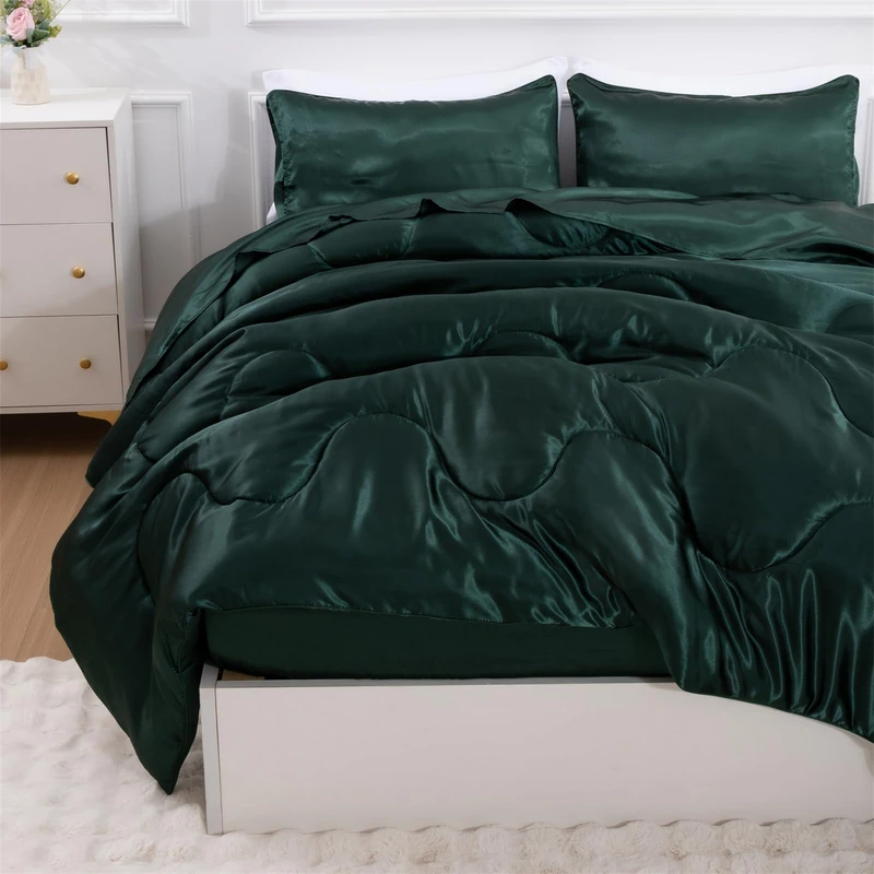 A Nice Night Satin Silky Soft Quilt Sexy Luxury Super Soft Microfiber Bedding Comforter Set Full/Queen, Light Weighted (Blackish Green, Queen)