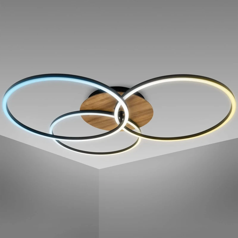 B.K.Licht LED Ceiling Light, 42.5W, Dimmable, CCT Warm to Cold Light, Remote Control, 2 rotatable Rings, Ceiling lamp with Timer, Night Light Function, Black and Wooden Finish