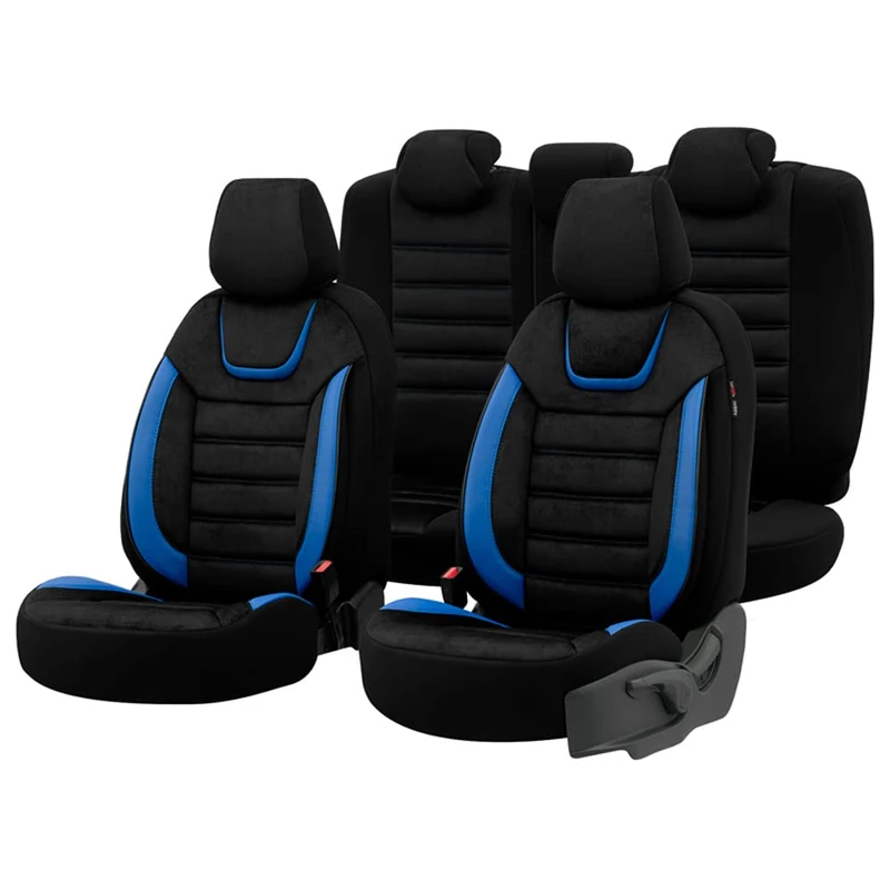 otoM Universal Suede/Leather/Fabric Seat cover set 'Iconic' Black/Blue - 11-pieces - compatible with Side-Airbags
