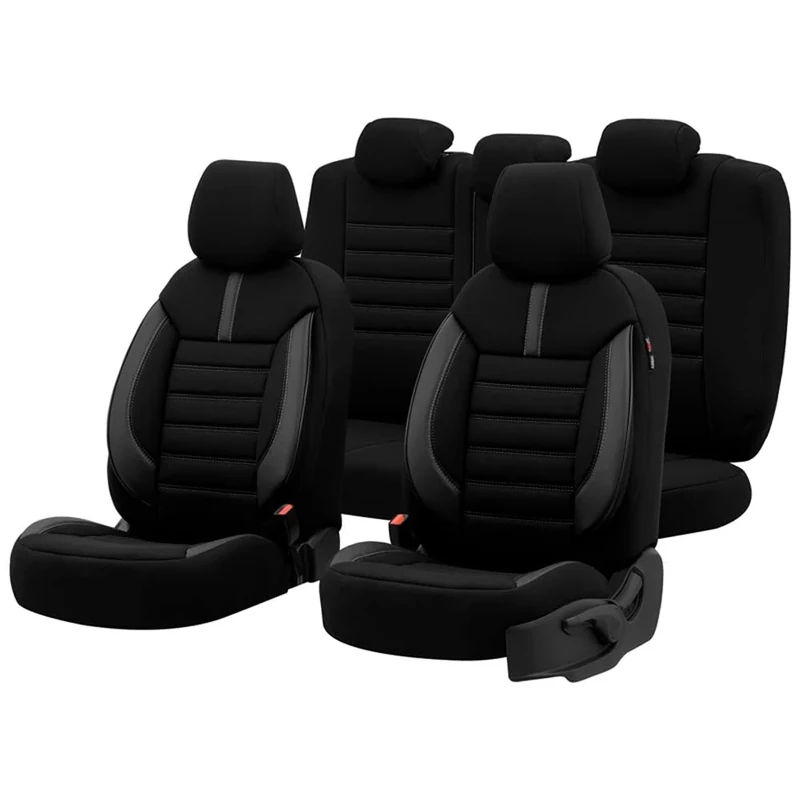 otoM Universal Fabric/Leather Seat cover set 'Limited' Black + Grey stitching - 11-pieces - compatible with Side-Airbags