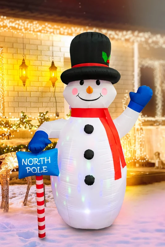 8ft Inflatable Hand Waving Snowman with North Pole Sign Board Pre Lit Mains Powered Multicolour LED Lights Christmas Props Outdoor Garden Decoration