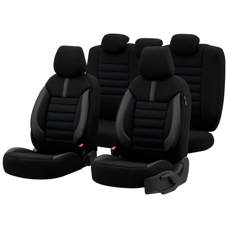 otoM Universal Fabric/Leather Seat cover set 'Limited' Black + Blue stitching - 11-pieces - compatible with Side-Airbags