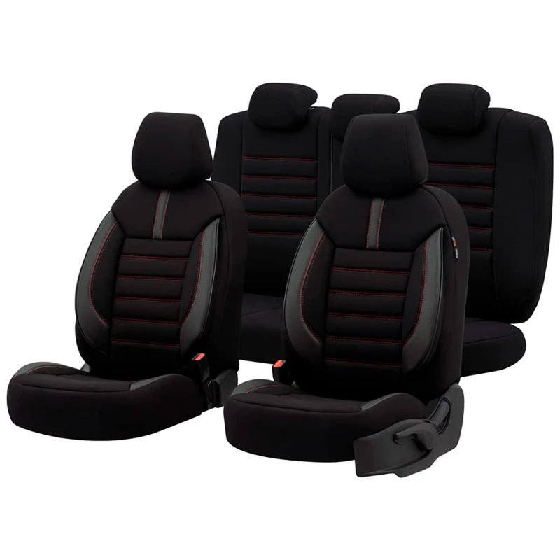 otoM Universal Fabric/Leather Seat cover set 'Limited' Black + Red stitching - 11-pieces - compatible with Side-Airbags