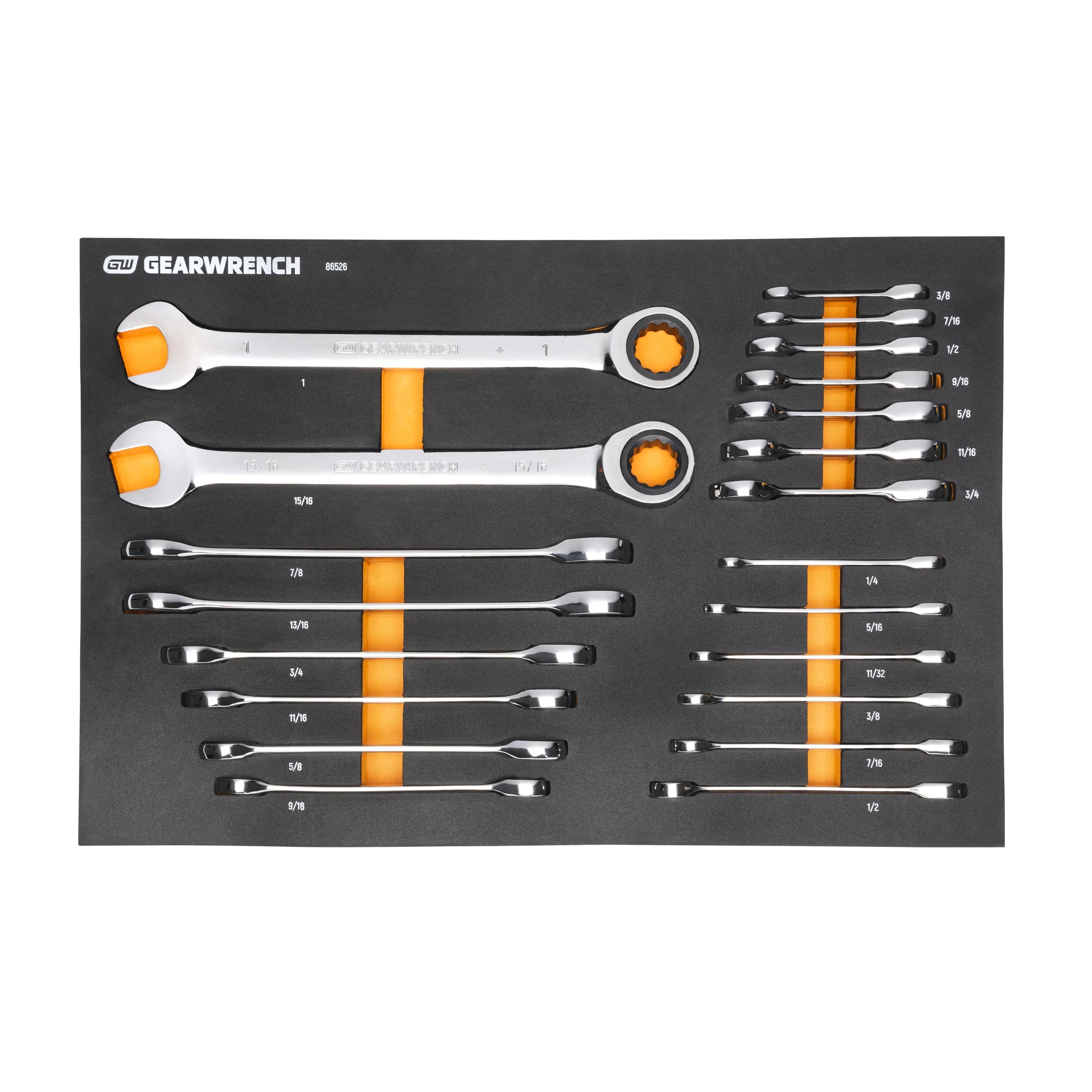 GearWrench 21 Piece 72T SAE Standard & Stubby Ratcheting Wrench Set with EVA Foam Tray - 86526