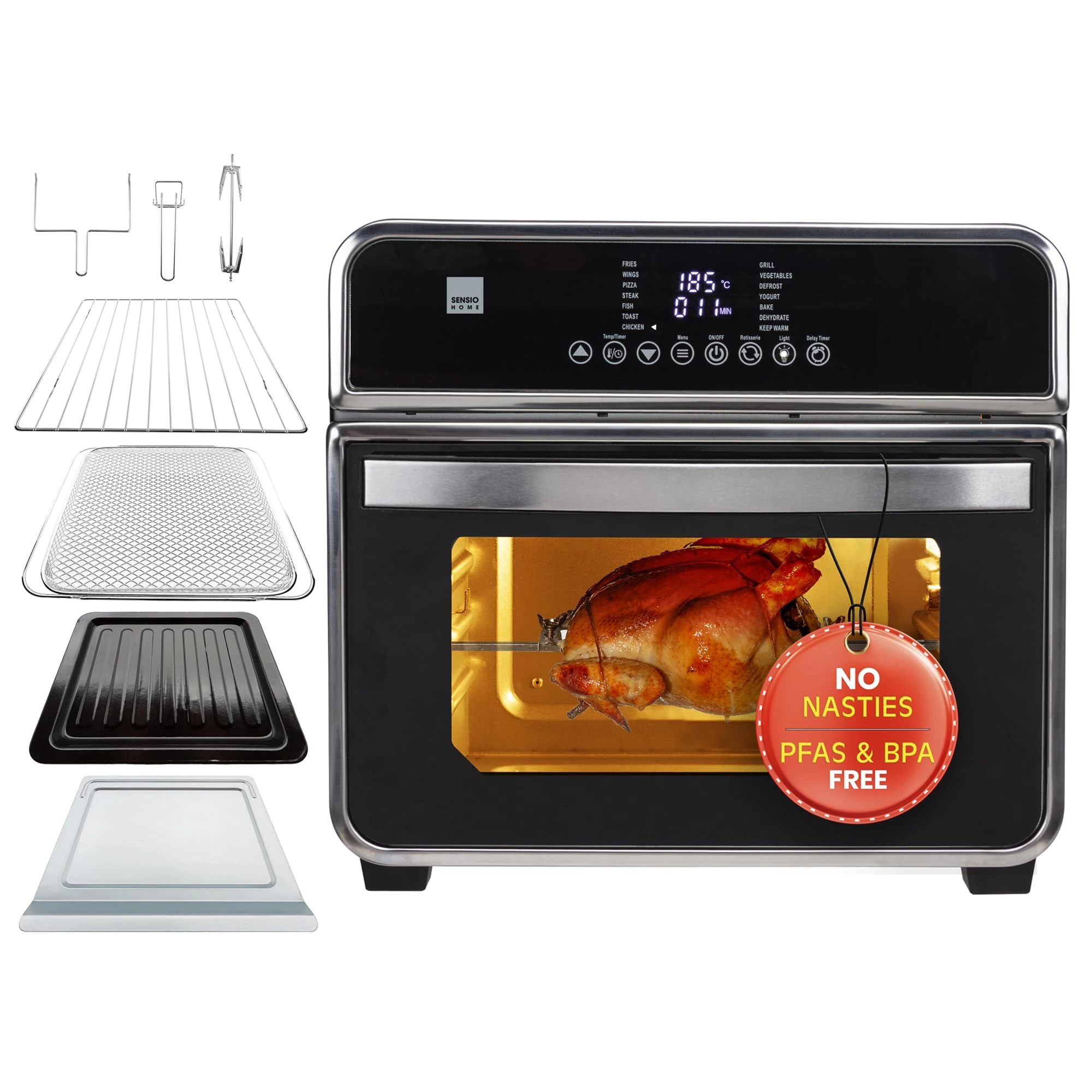 Sensio Home Gourmet Pro Clean Cook Air Fryer Oven - Dehydrator 1600W | 15L Capacity with Rotisserie Function and 14 Digital Preset Programs, Family Size Healthy Oil Free Cooking, Full Accessory Set