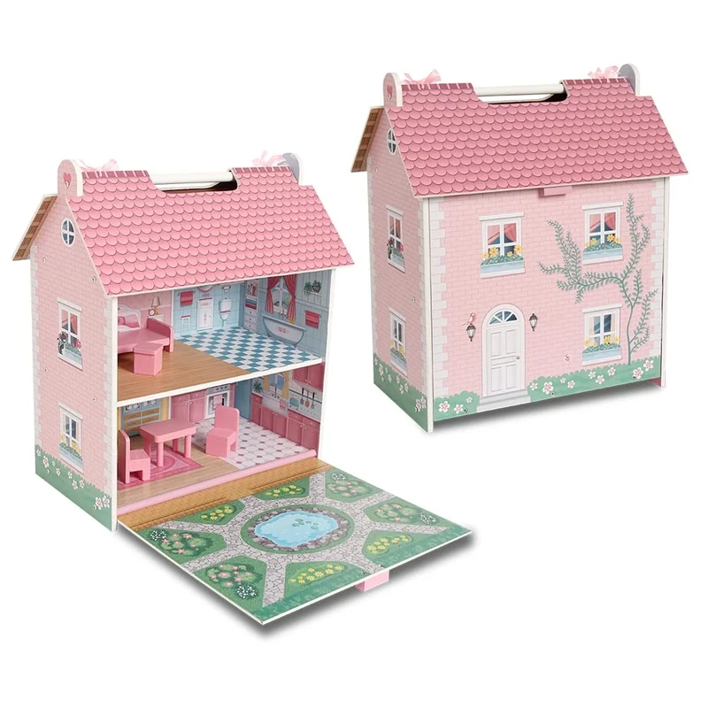 DEQUBE - Portable Wooden Dollhouse - 2 Tier Toy House with Attic and Garden with Handles for Easy Transportation - Includes 7 Play Accessories - Size 39 x 34.5 x 18 (913D00017)