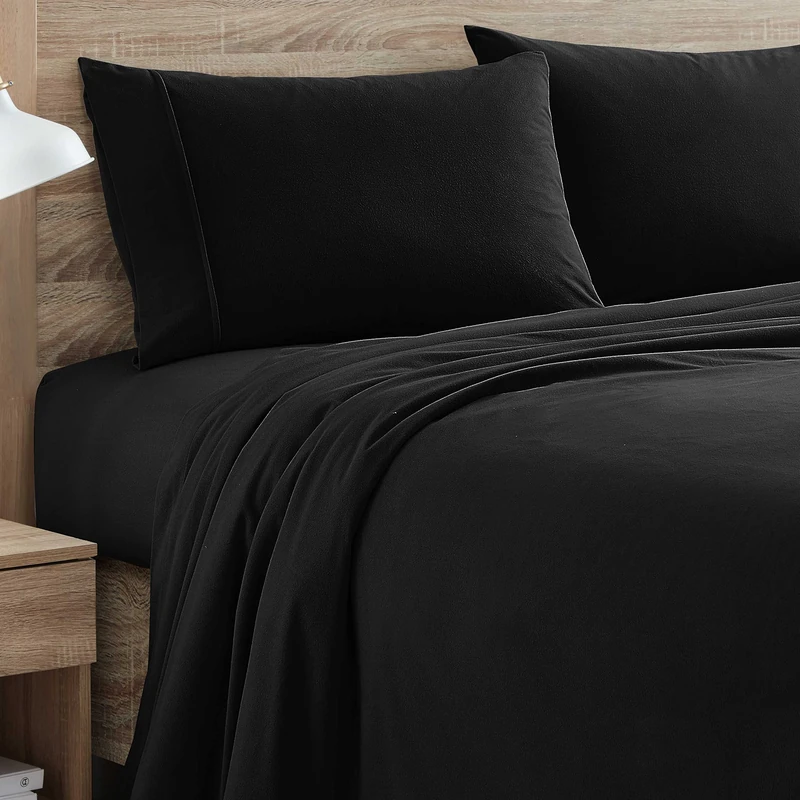 Sweet Home Collection Flannel Sheets Warm and Cozy Deep Pocket Breathable All Season Bedding Set with Fitted, Flat and Pillowcases, Queen, Black