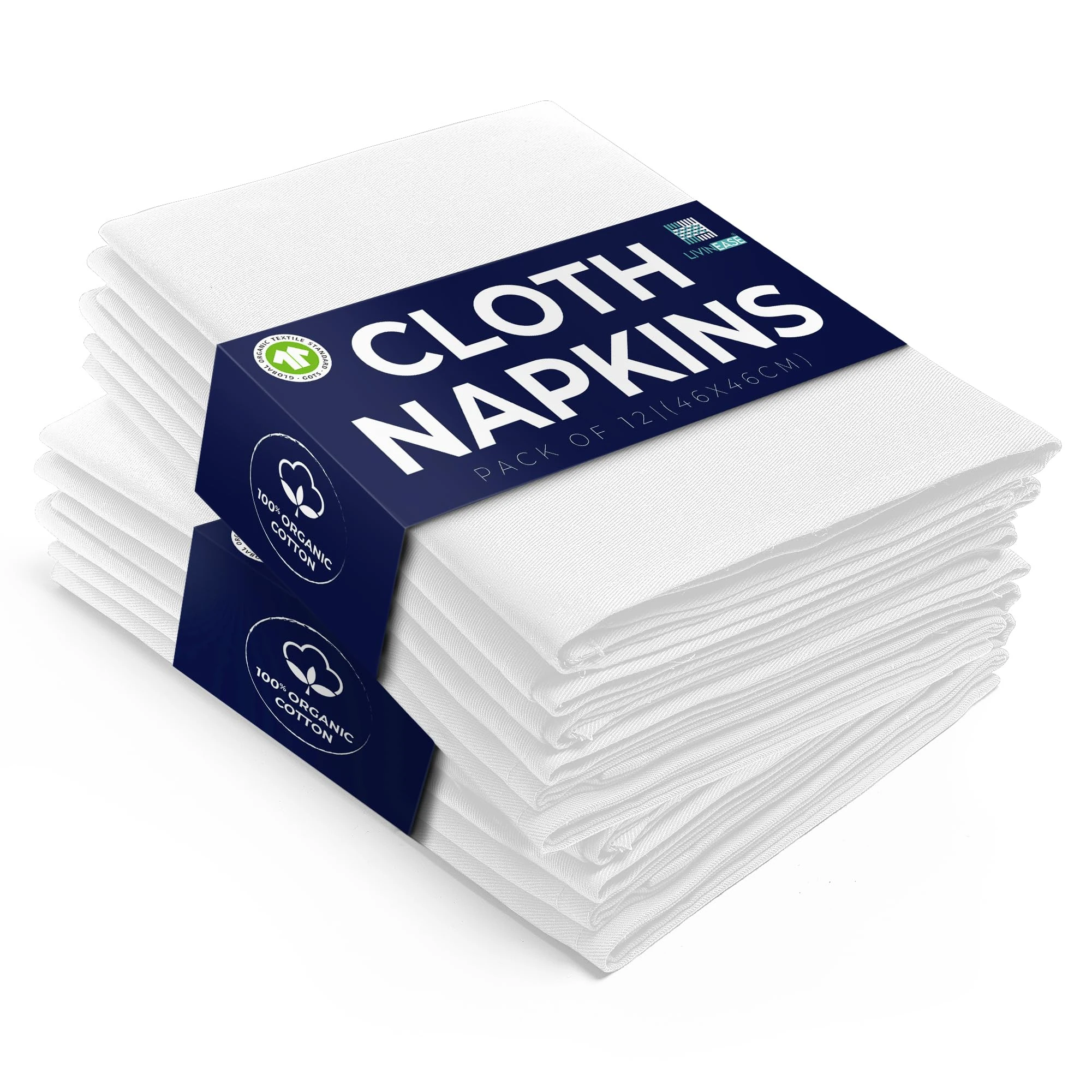 LivinEase 12-Pack White Cotton Cloth Napkins - 100% Organic, Heavy Weight, Reusable, 46 x 46 cm