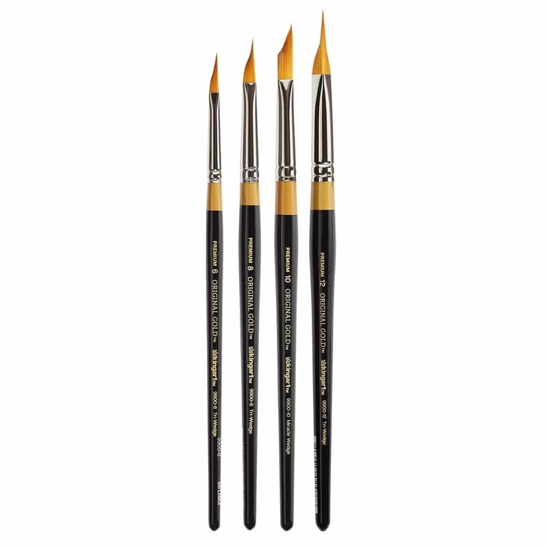 KINGART B-092 Premium 4 pc. Original Gold 9900 Series Miracle Wedge Brush Set, Synthetic Golden Taklon for Acrylic, Oil, Watercolor Paint, Short Handle, 4 Brushes Sizes: 6, 8, 10, 12