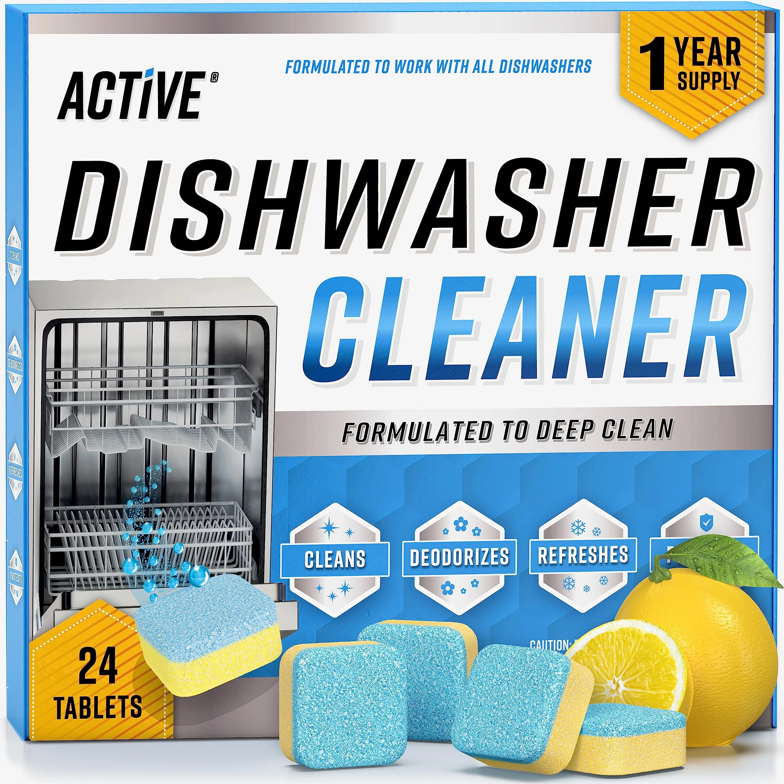 Dishwasher Cleaner and Deodorizer Tablets - 24 Pack ACTIVE Deep Cleaning Descaler for Dish Washer Machine - Heavy Duty Limescale, Grime, Calcium, Odour Remover, Natural, Septic-Safe - 12 Month Supply