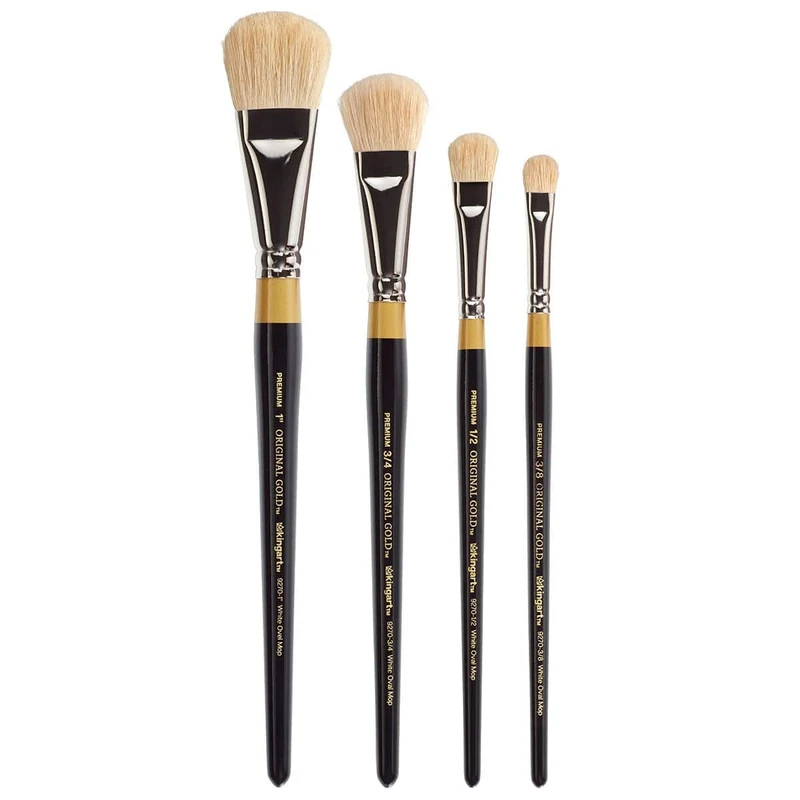 KINGART B-096 Premium 4 pc. Original Gold 9270 Series Oval Mop Brush Set, Natural Hair for Acrylic, Oil, Watercolor Paint, Short Handle, 4 Brushes Sizes: 3/8", 1/2", 3/4", 1" - Image 1