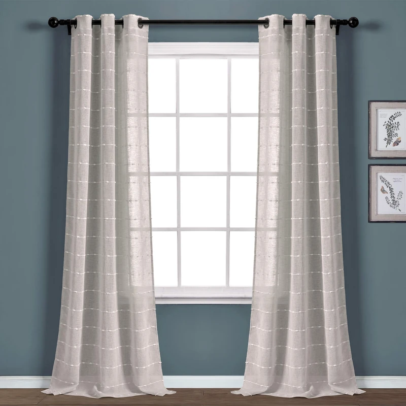 Lush Decor Farmhouse Textured Grommet Sheer Window Curtain Panel Pair, 38" W x 108" L, Gray