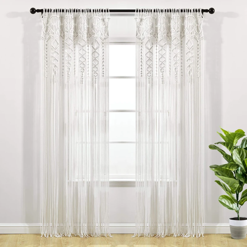 Lush Decor Boho Macrame Textured Cotton Window Panel - Single Panel, 40" W x 95" L, White - Doorway Room Divider - Wedding Or Wall Decor - Boho Macrame Curtain