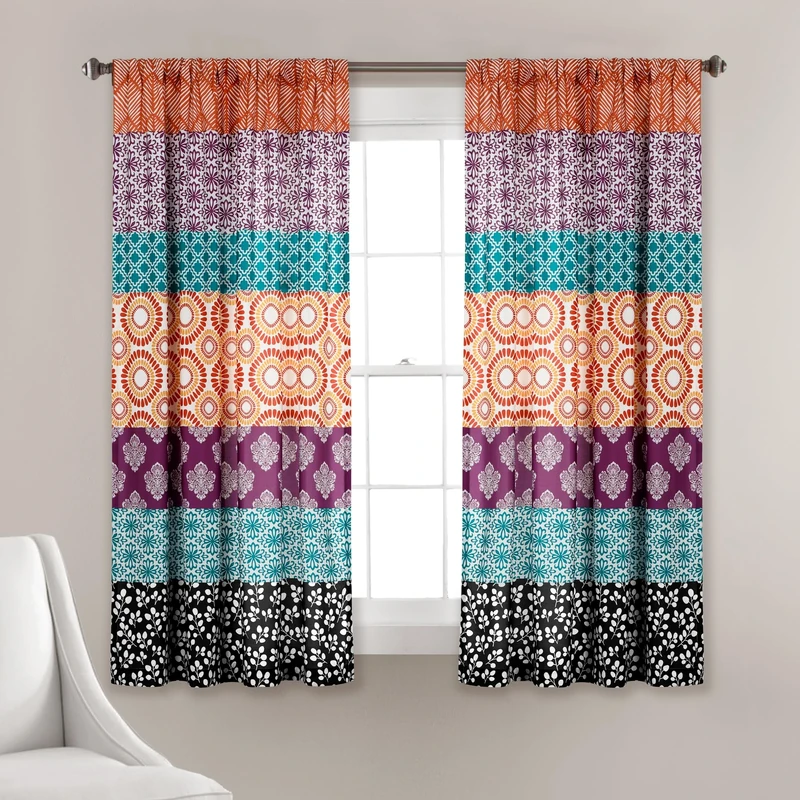 Lush Decor Bohemian Stripe Window Curtain Colorful Bold Design Panel Pair, 52" W x 63" L, Fuchsia & Orange