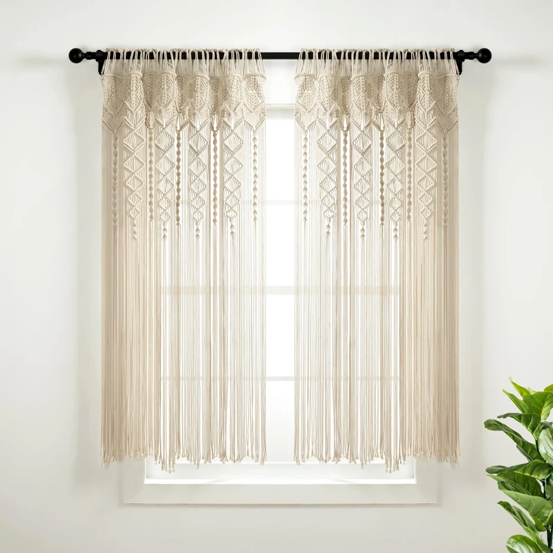 Lush Decor Boho Macrame Textured Cotton Window Curtain/Room Divider/Doorway/Wall Decor, 63" L x 40" W, Neutral