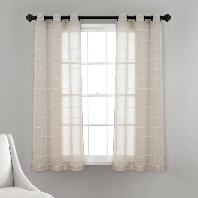 Lush Decor Farmhouse Textured Grommet Sheer Window Curtain Panel Pair, 63" L x 38" W, Beige