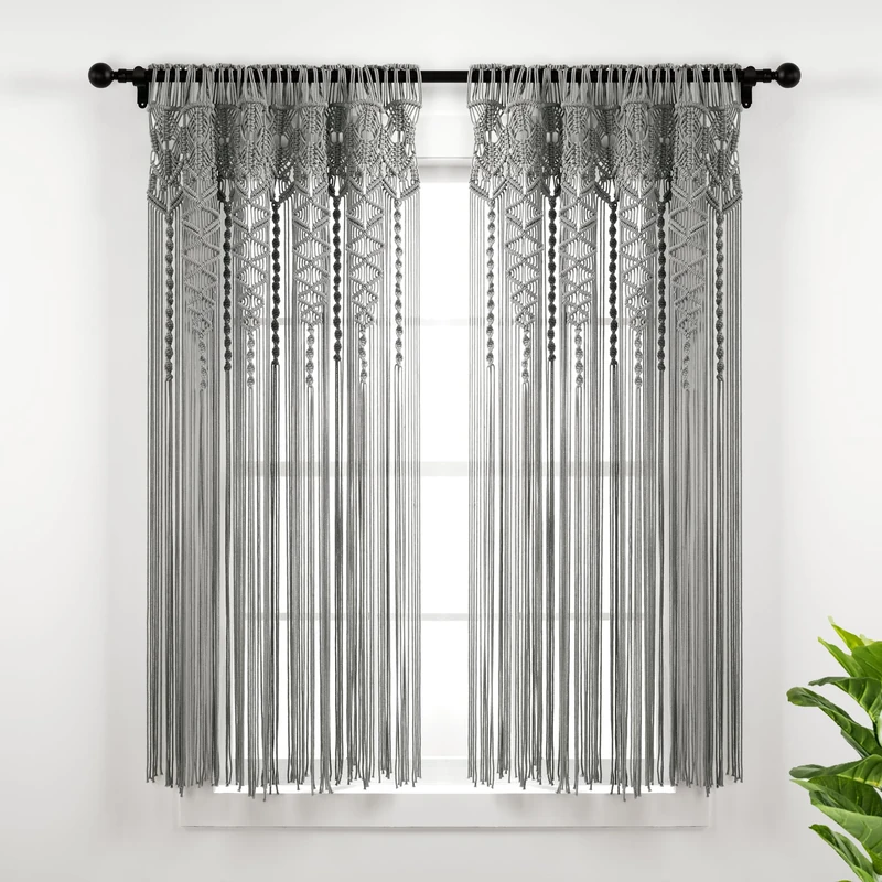 Lush Decor Boho Macrame Textured Cotton Window Curtain/Room Divider/Doorway/Wall Decor, 63" L x 40" W, Gray