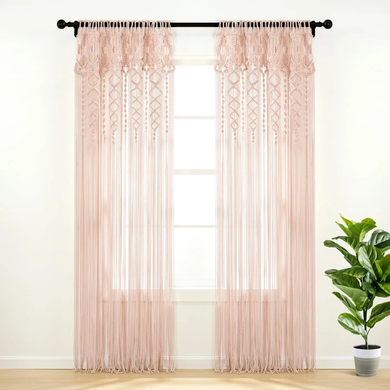 Lush Decor Boho Macrame Textured Cotton Window Curtain Panel, 40" W x 84" L, Blush - Doorway Room Divider - Wedding Wall Decor - Boho Macrame Curtain for Windows