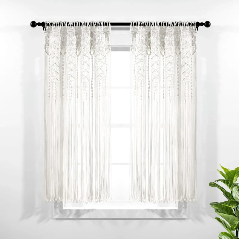 Lush Decor Boho Macrame Textured Cotton Window Curtain Panel - Single Panel, 40" W x 63" L, White - Room Divider - Wedding Or Wall Decor - Boho Macrame Curtain