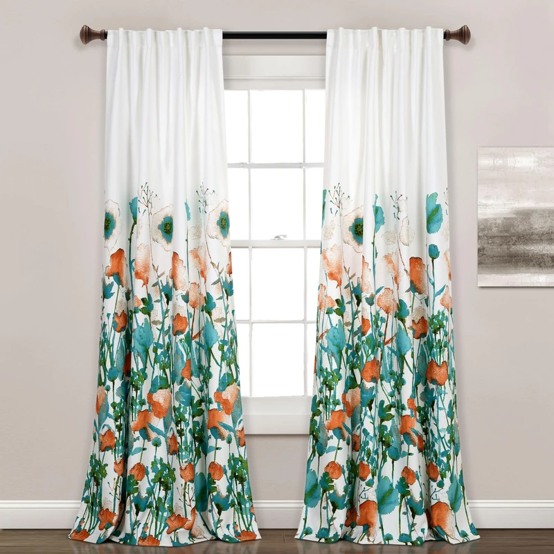 Lush Decor Zuri Flora Light Filtering Window Curtain Panel Pair, 84" L x 52" W, Turquoise & Orange